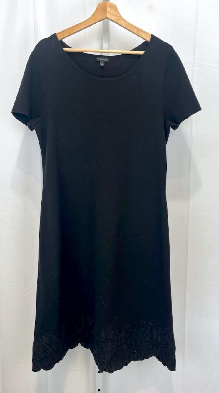 TALBOTS Short Sleeve Knit Dress Embroidered Hem LBD Cotton Rayon Black Size L